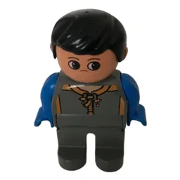 Duplo Figure, Early, with Short Parted Hair Black, Dark Gray Legs, Blue Arms, Shirt Print / Dark Gray
