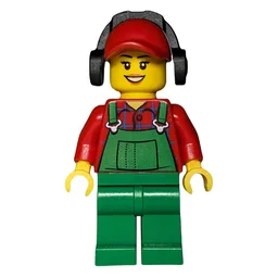 Woman, Green Overalls over Red Paid Shirt, Red Cap with Ear Defenders