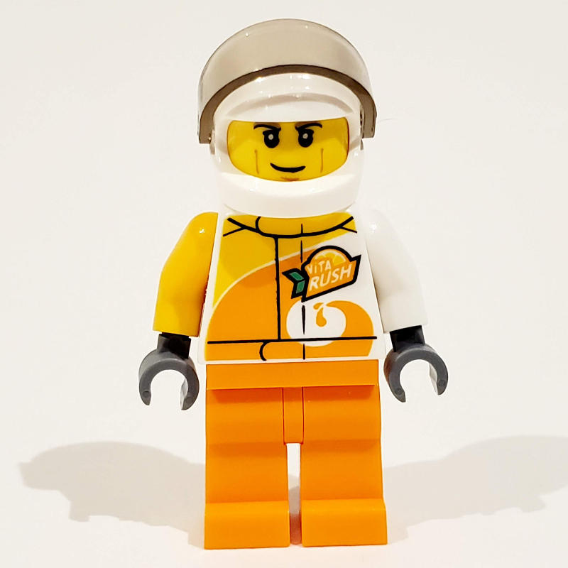 Lego Racer, White and Orange Jumpsuit with 'VITA RUSH', White Helmet with Visor (3626cpr1144 Head)