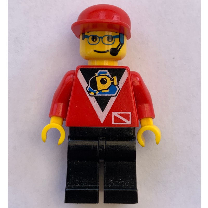 Lego Marine Explorer, Red Shirt with Divers Logo, Black Legs, Red Cap, Glasses and Headset