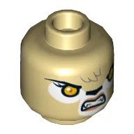 Minifig Head Warrior, Dual Sided, Lioness with Orange Eyes, Black Nose, Forelock, Crooked Smile / Bared Teeth Print [Hollow Stud] / Tan