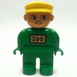 Duplo Figure, Early, with Flat Cap Yellow, Green Legs, 'ZOO' Print (Zoo Keeper) / Green