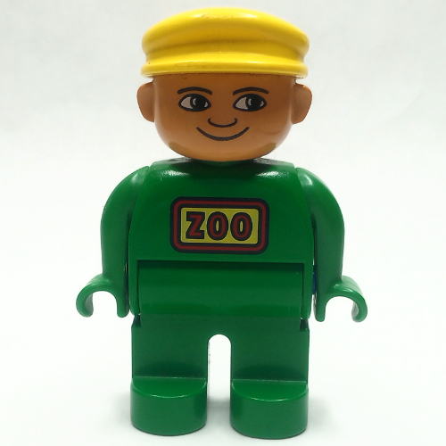 Lego Duplo Figure, Early, with Flat Cap Yellow, Green Legs, 'ZOO' Print (Zoo Keeper) / Green