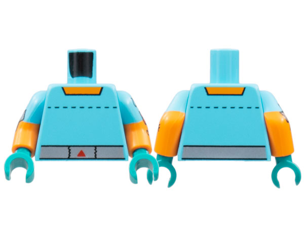 Lego Torso Orange Collar, Dotted Line, Silver Belt Pattern / Orange Arms with Medium Azure Short Sleeves, Silver Tape, 'ON/OFF' Switch Pattern / Dark Turquoise Hands