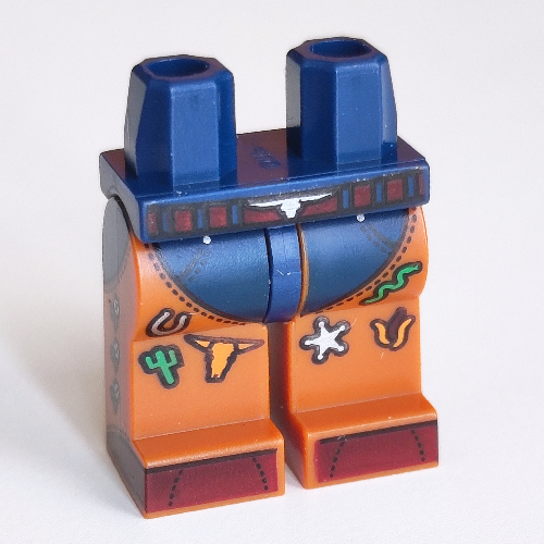 Lego Hips and Dark Orange Legs with Dark Brown Belt, Silver Eagle Belt Buckle, Dark Blue Chaps, Cactus, Silver Star, Cow, Decorations print