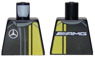 Lego Torso Racing Suit with Yellow Panel, Dark Bluish Gray Collar, Silver Mercedes-Benz Logo, and White AMG Logo on Back Pattern