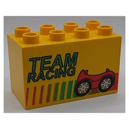 Duplo Brick 2 x 4 x 2 with 'TEAM RACING', Stripes and Red Car Print / Yellow