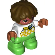 Duplo Figure Child with Short Wavy Hair Dark Brown, with Bright Green Legs, Yellow Top with White Spots, Blue Bow Print / White