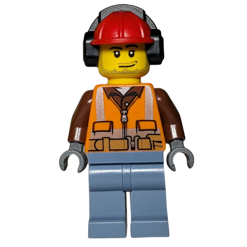 Lego Construction Worker, Orange Safety Vest with Zipper over Reddish Brown Shirt, Sand Blue Legs, Red Hard Hat with Ear Defenders, Stubble