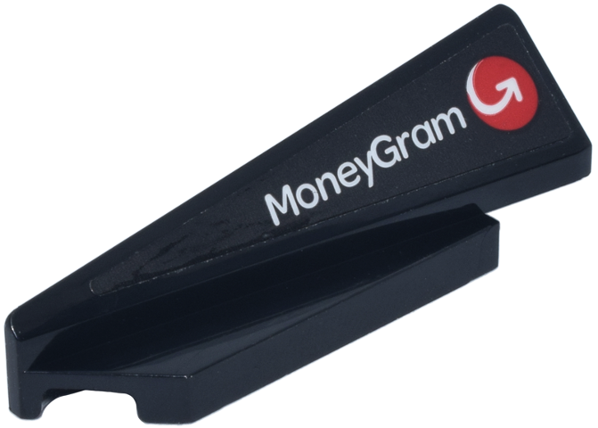 Lego Wedge 5 x 1 x 1 1/3 with 4 x 1 Base Left with White 'MoneyGram' and Red Circle with Arrow Logo Pattern (Sticker) - Set 77250