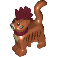 Lego Animal, Cat, Standing with Dark Red Spiky Mohawk and Collar, Bandages and Dark Brown Stripes Print / Dark Orange
