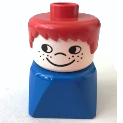 Lego Duplo 2 x 2 x 2 Figure Brick Early, Short Spiky Hair Red, Cheek Freckles Print / Blue