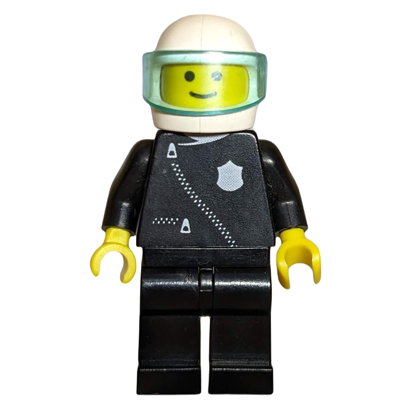 Lego Policeman, Black Jacket with Zipper and Badge, White Helmet with Visor (3626a Head)