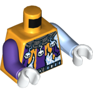 Lego Torso, Odd Arms, Jester Costume, Tattered Purple-Striped Shirt, Collar with Skulls and Lightning Print, Left Bright Light Blue Arm, Right Dark Purple Arm, White Hands / Bright Light Orange
