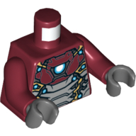 Lego Torso Silver, Gold, and Light Blue Armor, Arc Reactor on Chest Print (Iron Man), Dark Red Arms, Dark Bluish Gray Hands / Dark Red