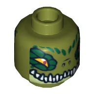 Minifig Head Crawley, Dual Sided, Crocodile with Dark Green Eye Borders, Wide Eyes / Narrow Eyes Print [Hollow Stud] / Olive Green