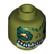 Lego Minifig Head Crawley, Dual Sided, Crocodile with Dark Green Eye Borders, Wide Eyes / Narrow Eyes Print [Hollow Stud] / Olive Green