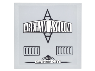 Lego Tile 6 x 6 with Bottom Tubes, Textured Surface with Black Vents, 'ARKHAM ASYLUM', and 'GOTHAM CITY' Pattern Model Left Side (Sticker) - Set 10937