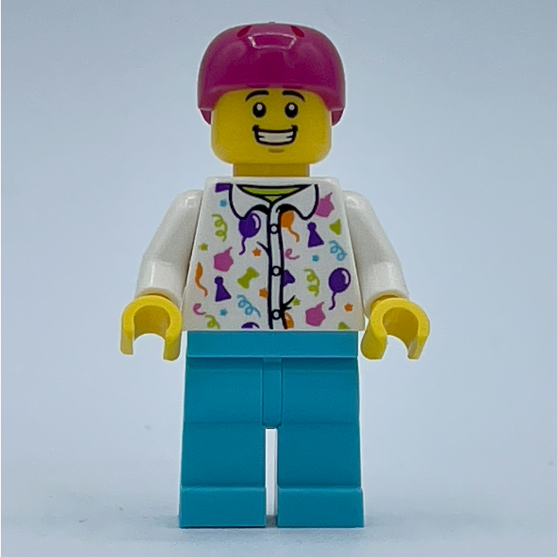 Lego Man, White Shirt with Balloons, Medium Azure Legs, Magenta Helmet