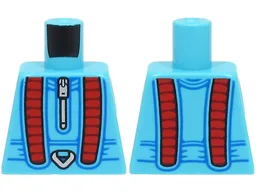 Torso Jumpsuit with Red Panels, Silver Zipper and Carabiner, Dark Azure Lines Pattern / Medium Azure