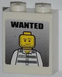 Brick 1 x 2 x 2 with Inside Stud Holder with 'WANTED' and Jail Prisoner Minifigure Pattern (Sticker) - Set 7288
