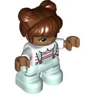 Duplo Figure Child with Two Buns on Top and Long Bangs Reddish Brown, With Light Aqua Legs, Coral and White Stripes on Shirt Print / White