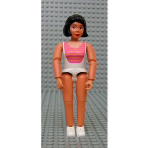 Lego Belville Figure Articulated Elbows, Female, Black Hair, White Swimsuit with Dark Pink and Light Orange Stripes, White Shoes / [No Color/Any Color]