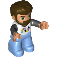 Duplo Figure with Thick Hair Combed Forward and Beard Dark Brown, Medium Blue Legs, Black Arms, Multi-colored Triangles on Shirt Print / White