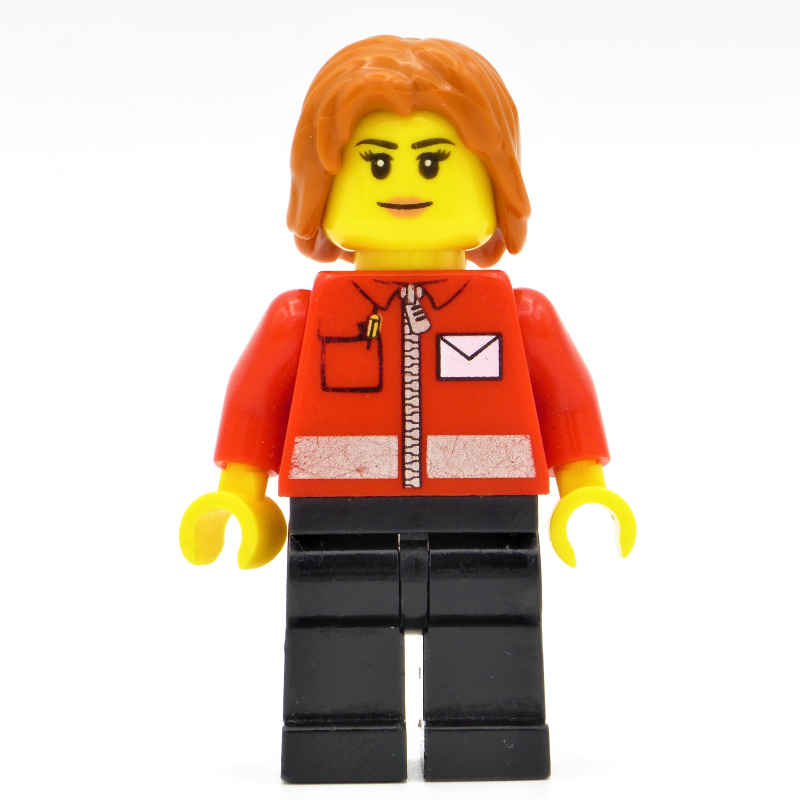 Lego Postal Worker, Woman, Red Jacket with Zipper and Letter Logo, Black Legs, Dark Orange Hair