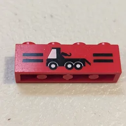 Brick 1 x 4 with Black Stripes and Tow Truck Print / Red