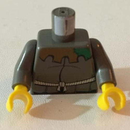 Lego Torso Tunic, White Rope & Patched Collar Print (Hunchback), Dark Gray Arms, Yellow Hands / Dark Gray