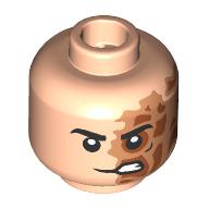 Lego Minifig Head Two-Face, Black Eyebrows, Nougat/Dark Orange Burned Left Side, Lopsided Scowl / Light Nougat