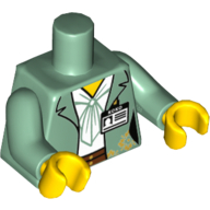 Lego Torso Jacket with Gold Flowers over White Shirt and Dark Brown Belt, ID Badge with 'KOKO' Print, Sand Green Arms, Yellow Hands / Sand Green