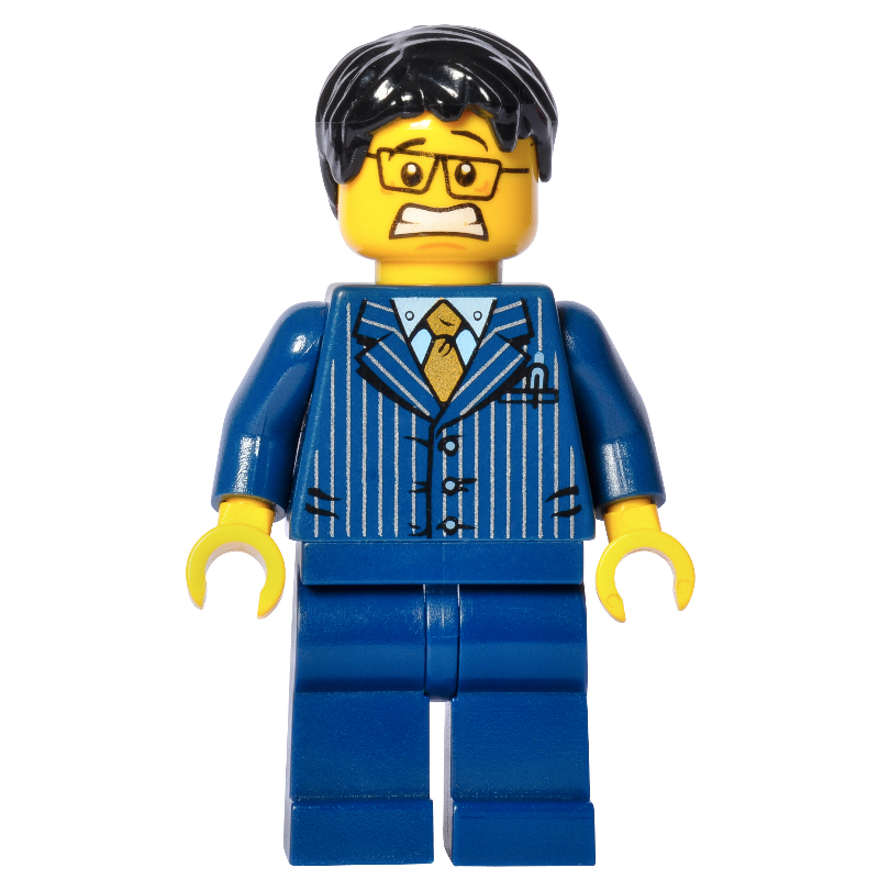 Lego Man, Dark Blue Pinstripe Suit with Gold Tie, Black Hair, Glasses, 3626cpr0792