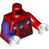 Lego Torso, Odd Arms, Jester Costume, Tattered with Dark Purple Stripes, Dark Red Undershirt, Skull Necklace Print (Jestro), Left Red Arm, Right Dark Purple Arm, White Hands / Red