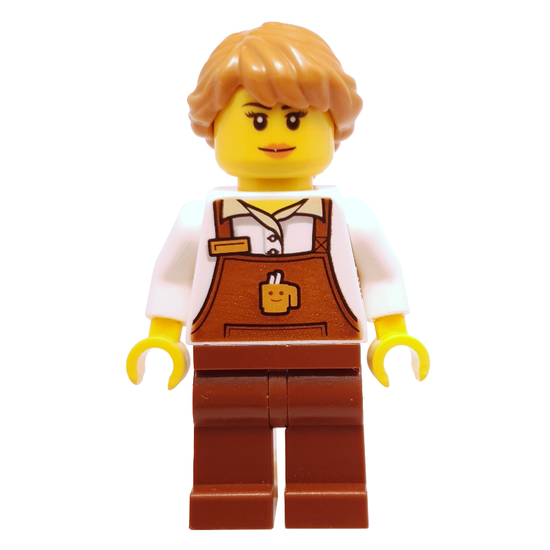 Lego Barista, Woman, White Torso, Reddish Brown Apron, Medium Nougat Hair