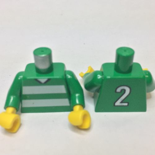 Lego Torso Soccer Horizontal White Stripes and '2' Back Print, Green Arms, Yellow Hands / Green