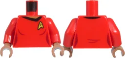 Torso Female Uniform Vest with Gold Star Trek Starfleet Insignia and 'e' Engineering Operations Logo, Medium Brown Neck, Dark Red Trim Lines, Sides and Creases Pattern / Red Arms / Umber Hands / Red