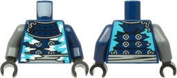 Torso Armor with Black Stitches, Medium Azure and White Ice Crystals, Light Bluish Gray Sash Pattern / Dark Blue Arm Left / Dark Bluish Gray Arm Right / Black Hands
