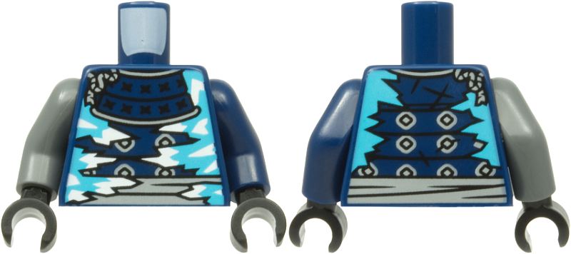 Lego Torso Armor with Black Stitches, Medium Azure and White Ice Crystals, Light Bluish Gray Sash Pattern / Dark Blue Arm Left / Dark Bluish Gray Arm Right / Black Hands