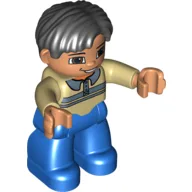Duplo Figure Side Parted Hair Black, with Blue Legs, Shirt with Collars Print, Brown Eyes, Nougat Hands / Tan
