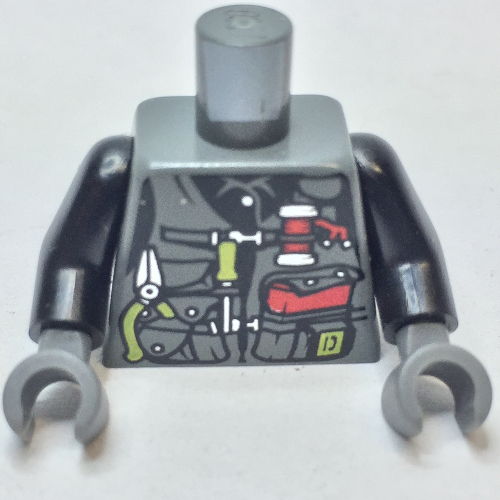 Lego Torso Vest with Lime Handle Tools and Red Pocket Book Print, Black Arms, Dark Bluish Gray Hands / Dark Bluish Gray