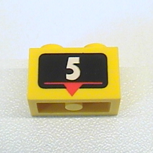 Lego Brick 1 x 2 with White '5', Red Marker Print / Yellow