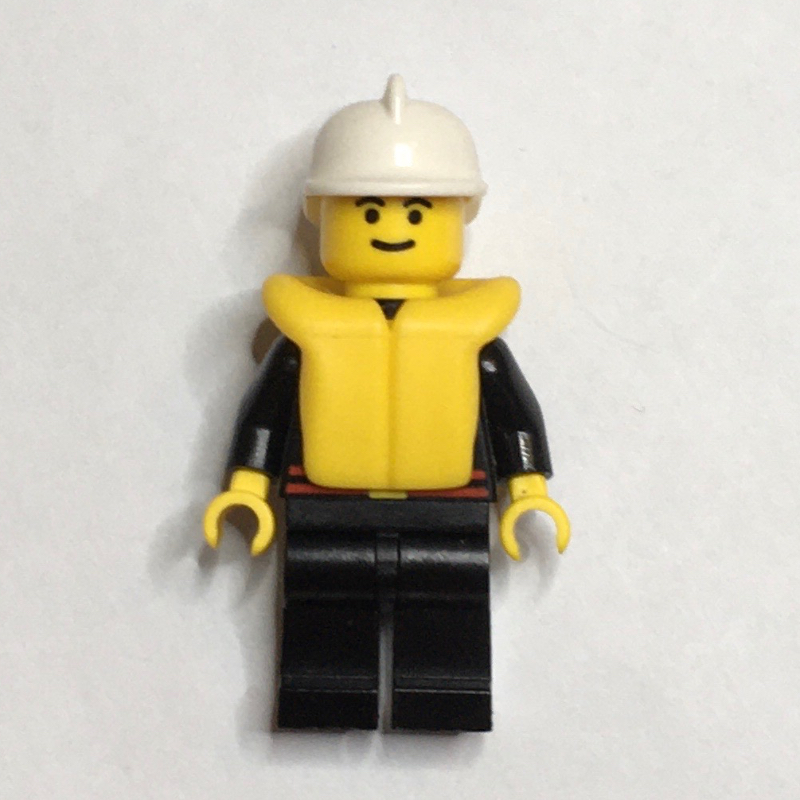 Lego Fireman, Black Fire Jacket with Red Belt and Badge, White Helmet, Yellow Life Vest