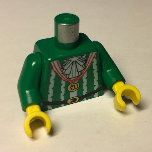 Lego Torso Pirate Imperial Armada Ruffles, White Stripes Gold Medal Print, Green Arms, Yellow Hands / Green