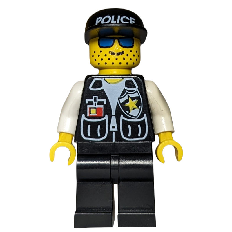 Lego Policeman, Black Vest with Badge and Pockets, Black Legs, Black Cap with 'POLICE', Blue Sunglasses