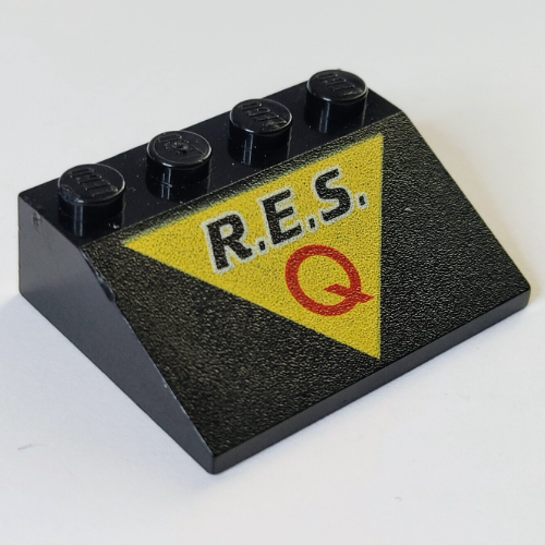 Lego Brick Sloped 33° 3 x 4 with 'R.E.S. Q' on Yellow Triangle Print (Res-q) / Black