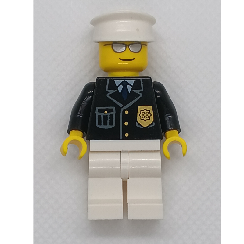 Lego Police Officer, White Legs, Cap, Silver Glasses