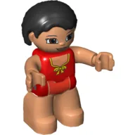 Duplo Figure Bob / Pageboy Hair Black, with Nougat Face, with Red Swimsuit with Yellow Bow, and Nougat Legs / Red