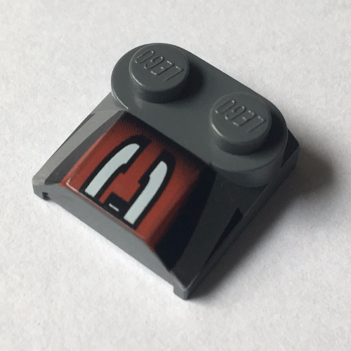 Lego Brick Curved 2 x 2 x 2/3 Two Studs and Lip End with Silver/Black/Red Number 3 Left Half Print / Dark Bluish Gray
